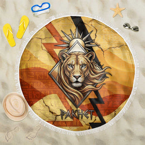 Pakhet Lion Head Beach Blanket with Claw Marks in Fiery Ancient Egyptian Motif