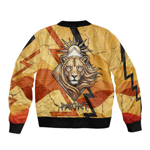 Pakhet Lion Head Bomber Jacket with Claw Marks in Fiery Ancient Egyptian Motif
