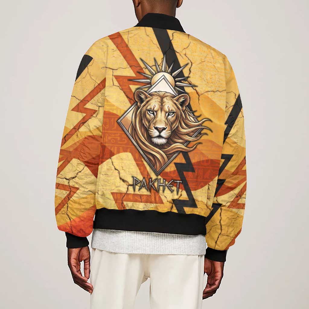 Pakhet Lion Head Bomber Jacket with Claw Marks in Fiery Ancient Egyptian Motif