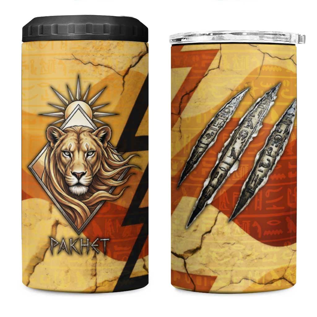 Pakhet Lion Head 4 in 1 Can Cooler Tumbler with Claw Marks in Fiery Ancient Egyptian Motif