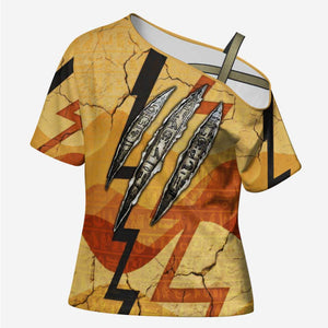 Pakhet Lion Head Cross Shoulder Shirt with Claw Marks in Fiery Ancient Egyptian Motif