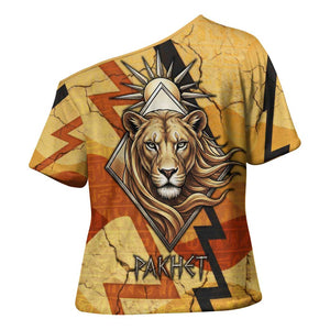 Pakhet Lion Head Cross Shoulder Shirt with Claw Marks in Fiery Ancient Egyptian Motif