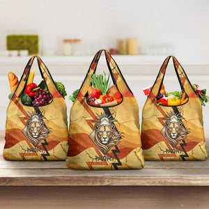 Pakhet Lion Head Grocery Bag with Claw Marks in Fiery Ancient Egyptian Motif
