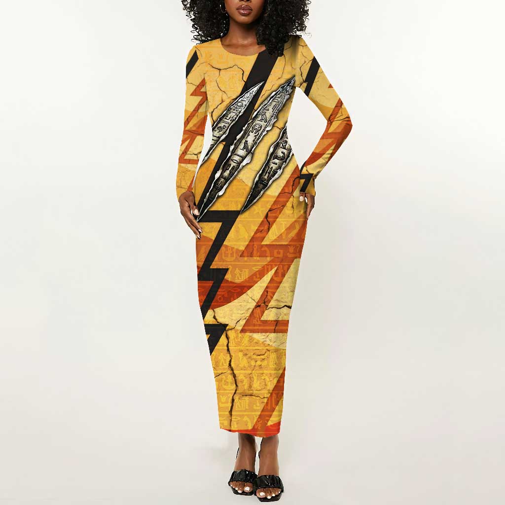 Pakhet Lion Head Long Sleeve Bodycon Dress with Claw Marks in Fiery Ancient Egyptian Motif