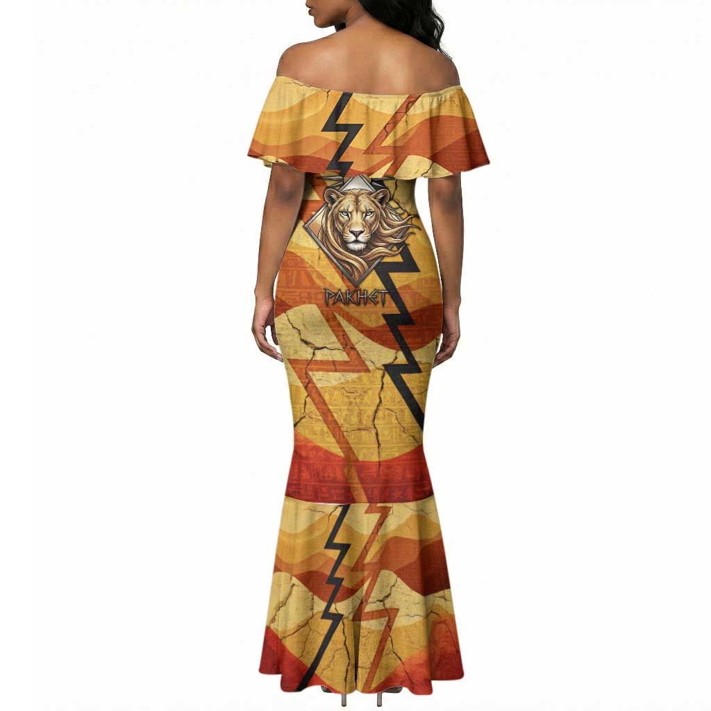 Pakhet Lion Head Mermaid Dress with Claw Marks in Fiery Ancient Egyptian Motif