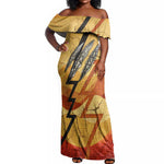Pakhet Lion Head Off Shoulder Maxi Dress with Claw Marks in Fiery Ancient Egyptian Motif