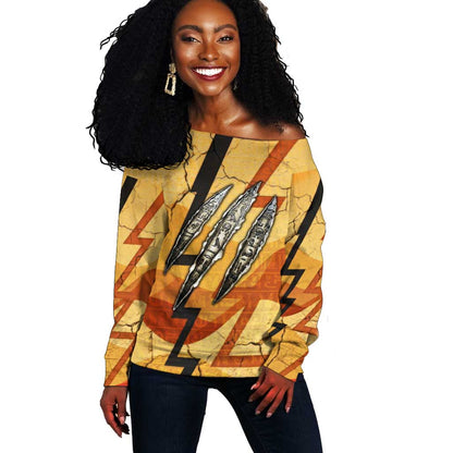 Pakhet Lion Head Off Shoulder Sweater with Claw Marks in Fiery Ancient Egyptian Motif