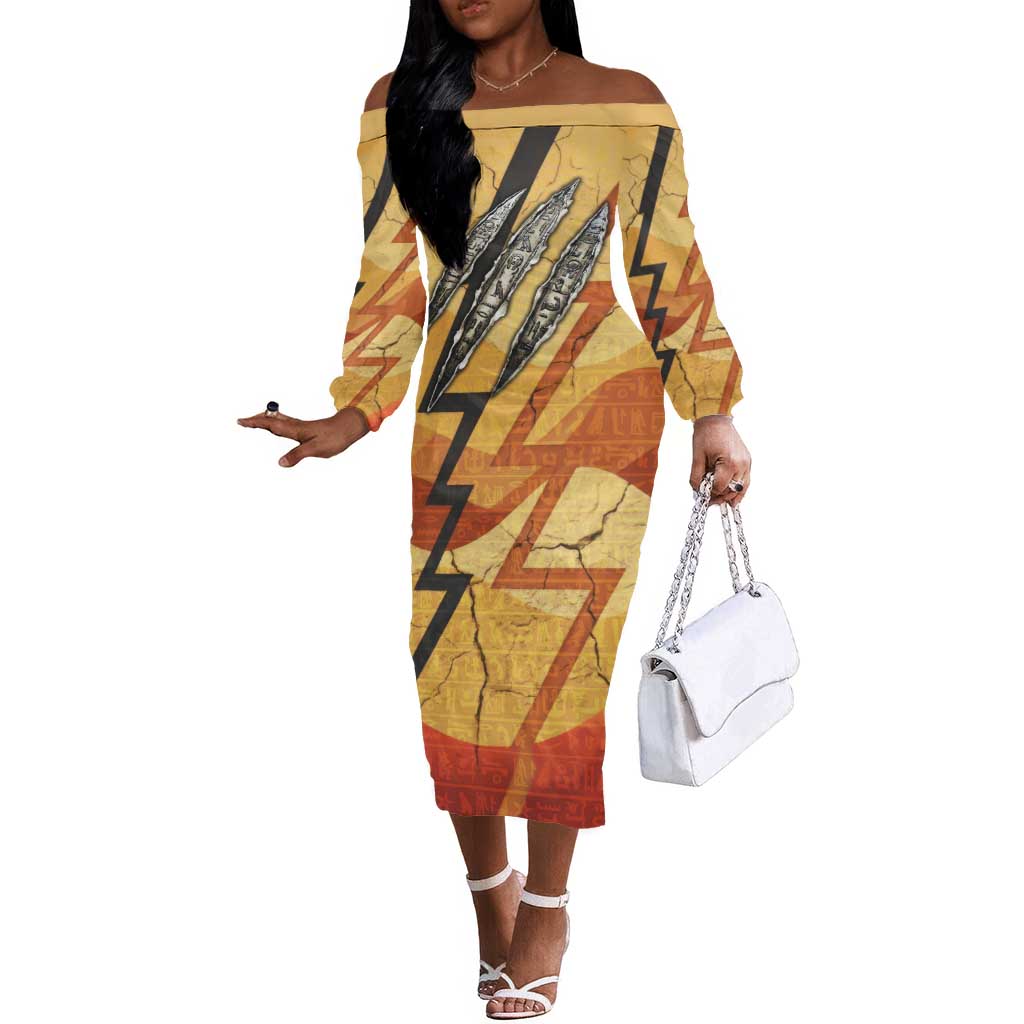 Pakhet Lion Head Off The Shoulder Long Sleeve Dress with Claw Marks in Fiery Ancient Egyptian Motif
