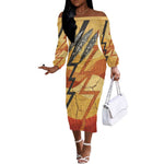 Pakhet Lion Head Off The Shoulder Long Sleeve Dress with Claw Marks in Fiery Ancient Egyptian Motif