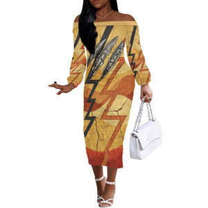 Pakhet Lion Head Off The Shoulder Long Sleeve Dress with Claw Marks in Fiery Ancient Egyptian Motif