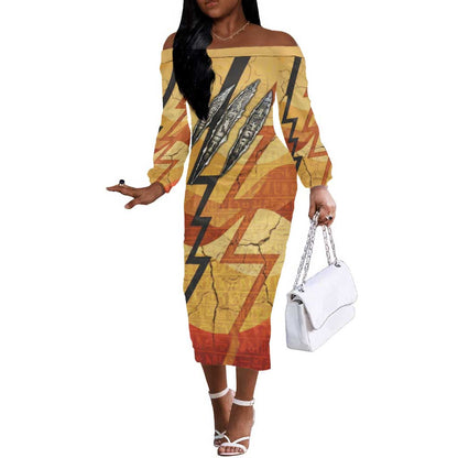 Pakhet Lion Head Off The Shoulder Long Sleeve Dress with Claw Marks in Fiery Ancient Egyptian Motif