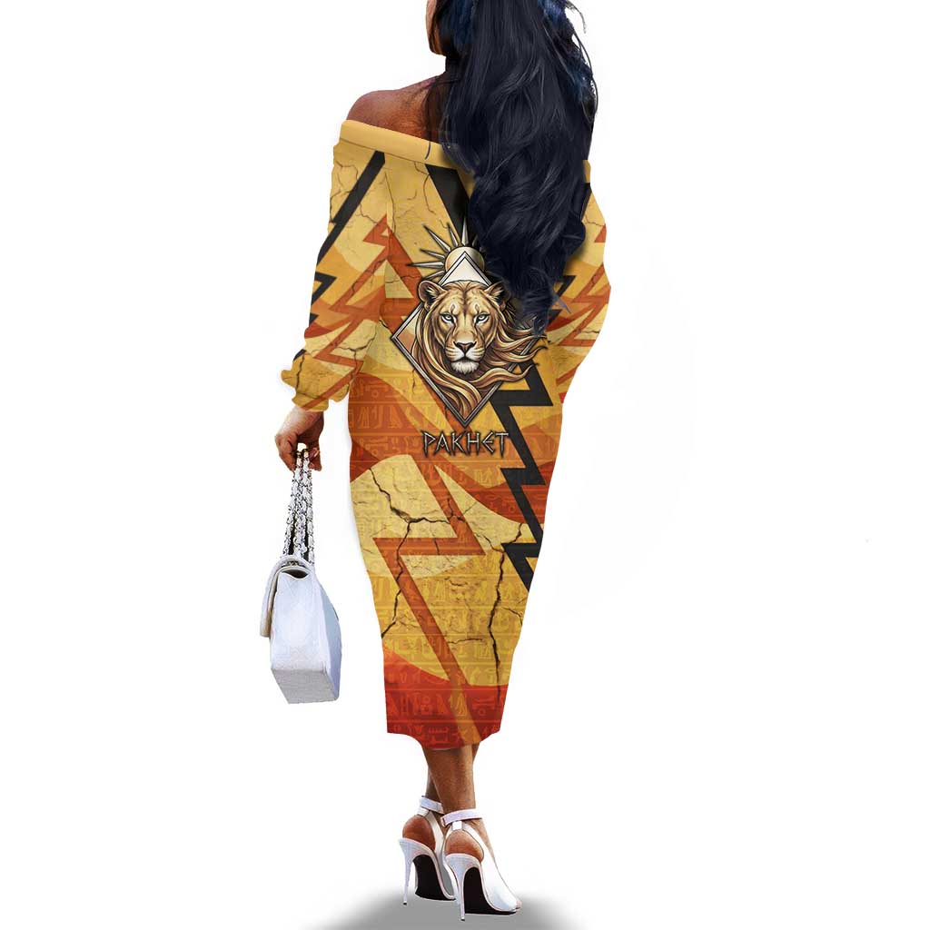 Pakhet Lion Head Off The Shoulder Long Sleeve Dress with Claw Marks in Fiery Ancient Egyptian Motif