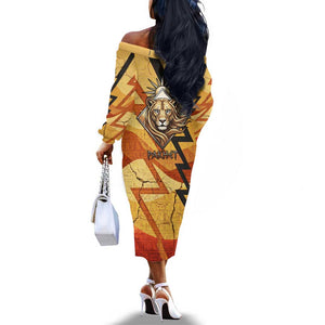 Pakhet Lion Head Off The Shoulder Long Sleeve Dress with Claw Marks in Fiery Ancient Egyptian Motif