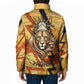 Pakhet Lion Head Padded Jacket with Claw Marks in Fiery Ancient Egyptian Motif
