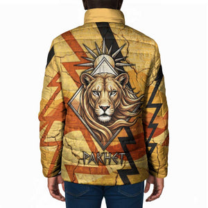 Pakhet Lion Head Padded Jacket with Claw Marks in Fiery Ancient Egyptian Motif