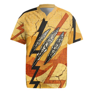 Pakhet Lion Head Rugby Jersey with Claw Marks in Fiery Ancient Egyptian Motif
