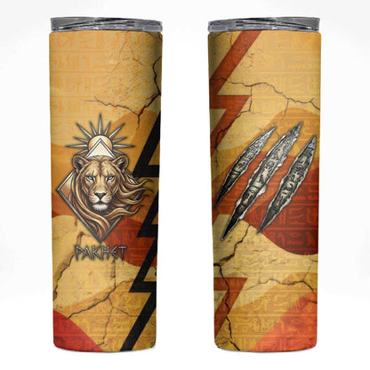 Pakhet Lion Head Skinny Tumbler with Claw Marks in Fiery Ancient Egyptian Motif
