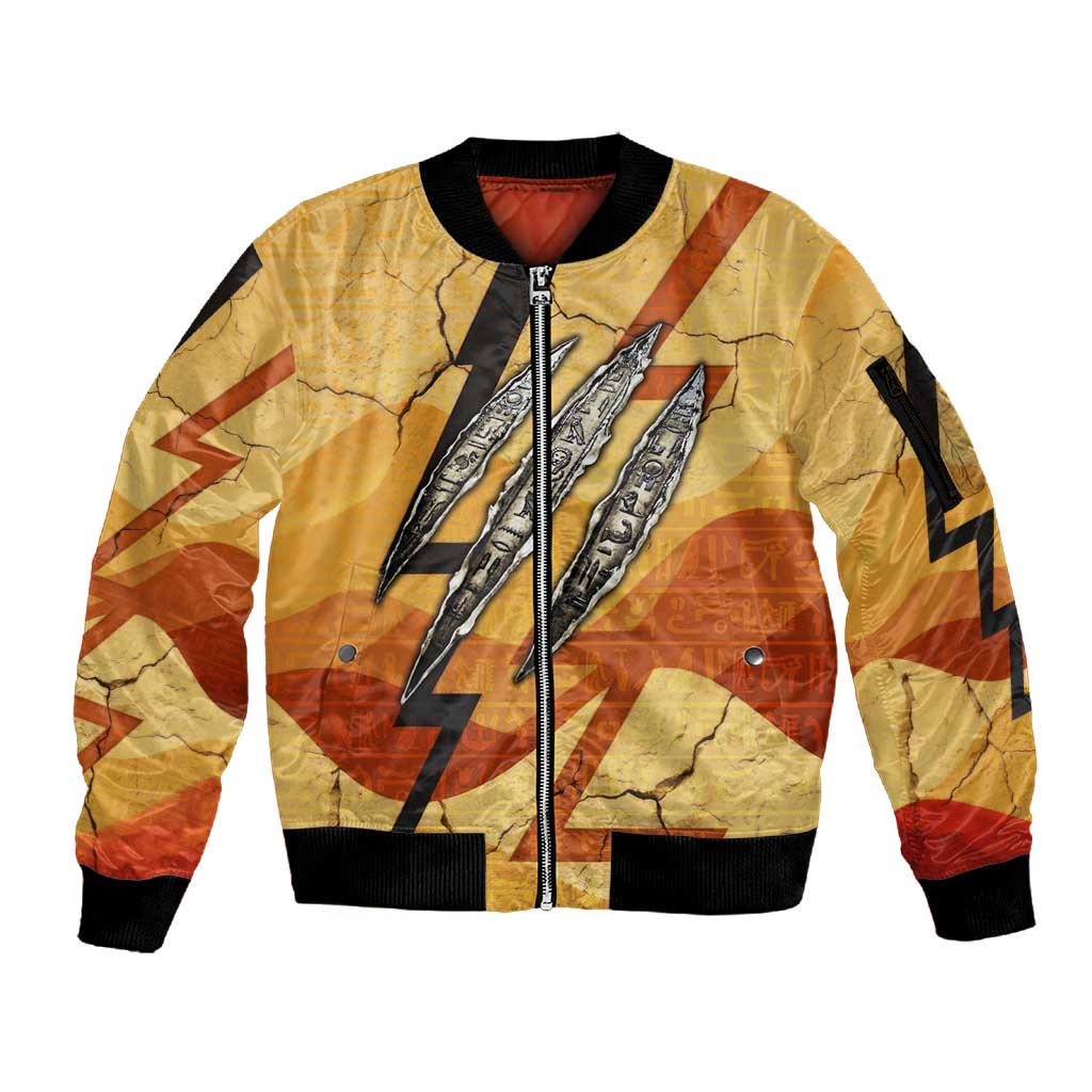 Pakhet Lion Head Sleeve Zip Bomber Jacket with Claw Marks in Fiery Ancient Egyptian Motif