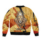 Pakhet Lion Head Sleeve Zip Bomber Jacket with Claw Marks in Fiery Ancient Egyptian Motif