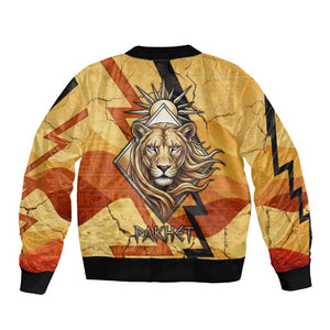 Pakhet Lion Head Sleeve Zip Bomber Jacket with Claw Marks in Fiery Ancient Egyptian Motif