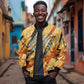 Pakhet Lion Head Sleeve Zip Bomber Jacket with Claw Marks in Fiery Ancient Egyptian Motif