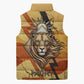Pakhet Lion Head Sleeveless Puffer Jacket with Claw Marks in Fiery Ancient Egyptian Motif