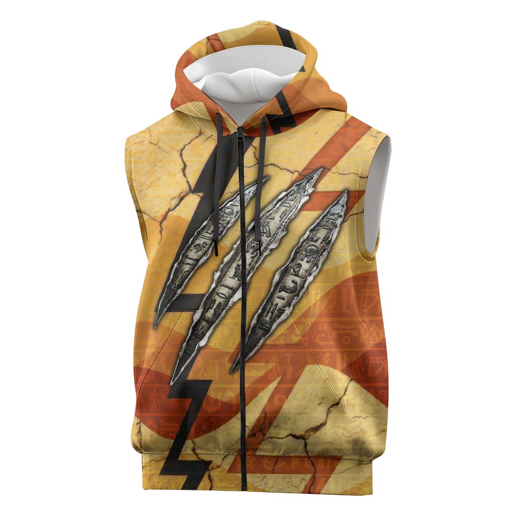 Pakhet Lion Head Sleeveless Zip Hoodie with Claw Marks in Fiery Ancient Egyptian Motif