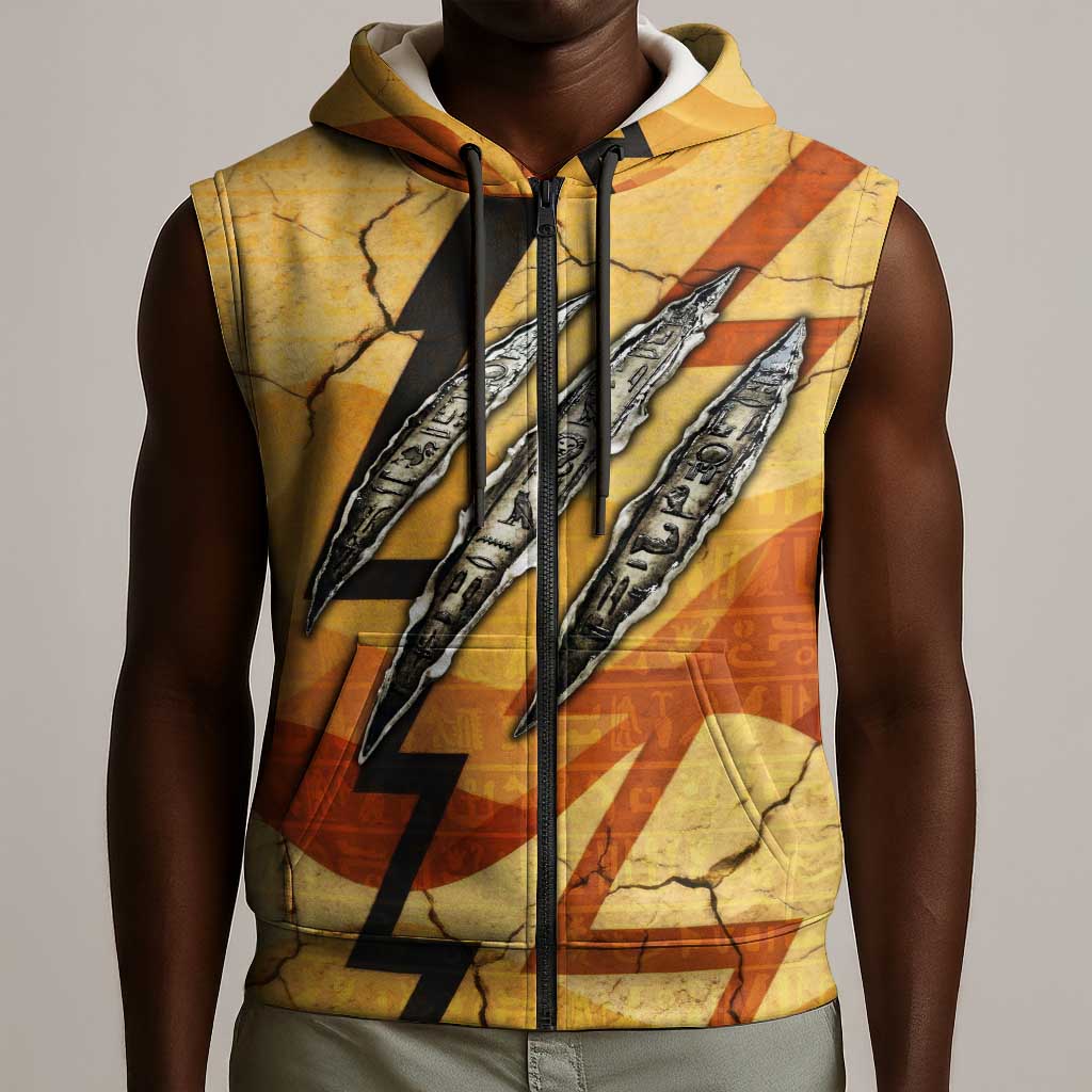 Pakhet Lion Head Sleeveless Zip Hoodie with Claw Marks in Fiery Ancient Egyptian Motif