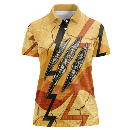 Pakhet Lion Head Women Polo Shirt with Claw Marks in Fiery Ancient Egyptian Motif