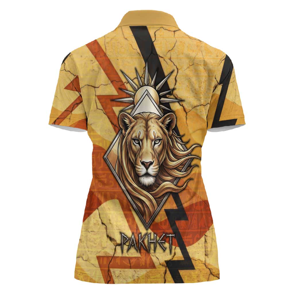 Pakhet Lion Head Women Polo Shirt with Claw Marks in Fiery Ancient Egyptian Motif