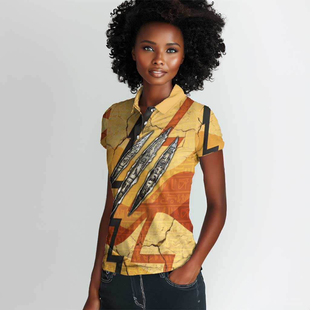 Pakhet Lion Head Women Polo Shirt with Claw Marks in Fiery Ancient Egyptian Motif