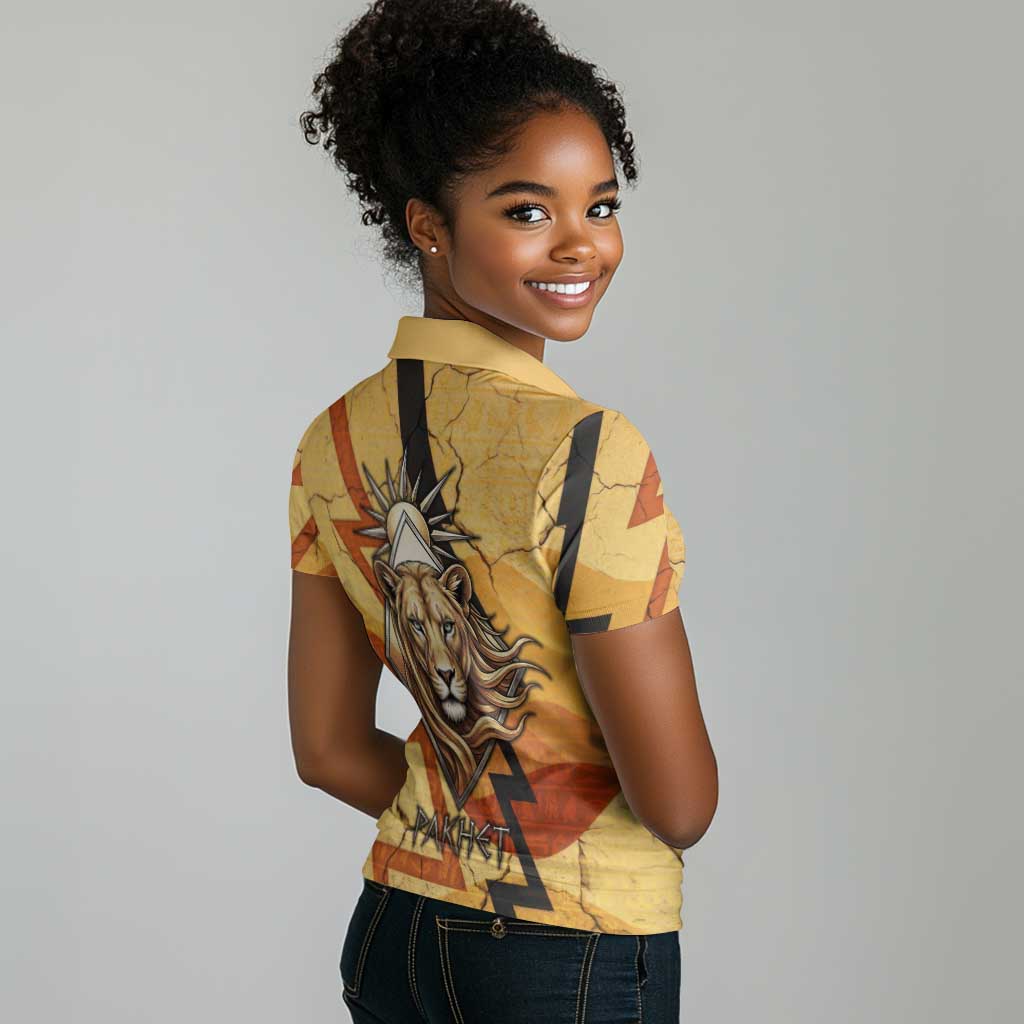 Pakhet Lion Head Women Polo Shirt with Claw Marks in Fiery Ancient Egyptian Motif