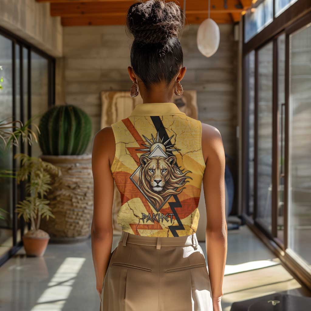 Pakhet Lion Head Women Sleeveless Polo Shirt with Claw Marks in Fiery Ancient Egyptian Motif