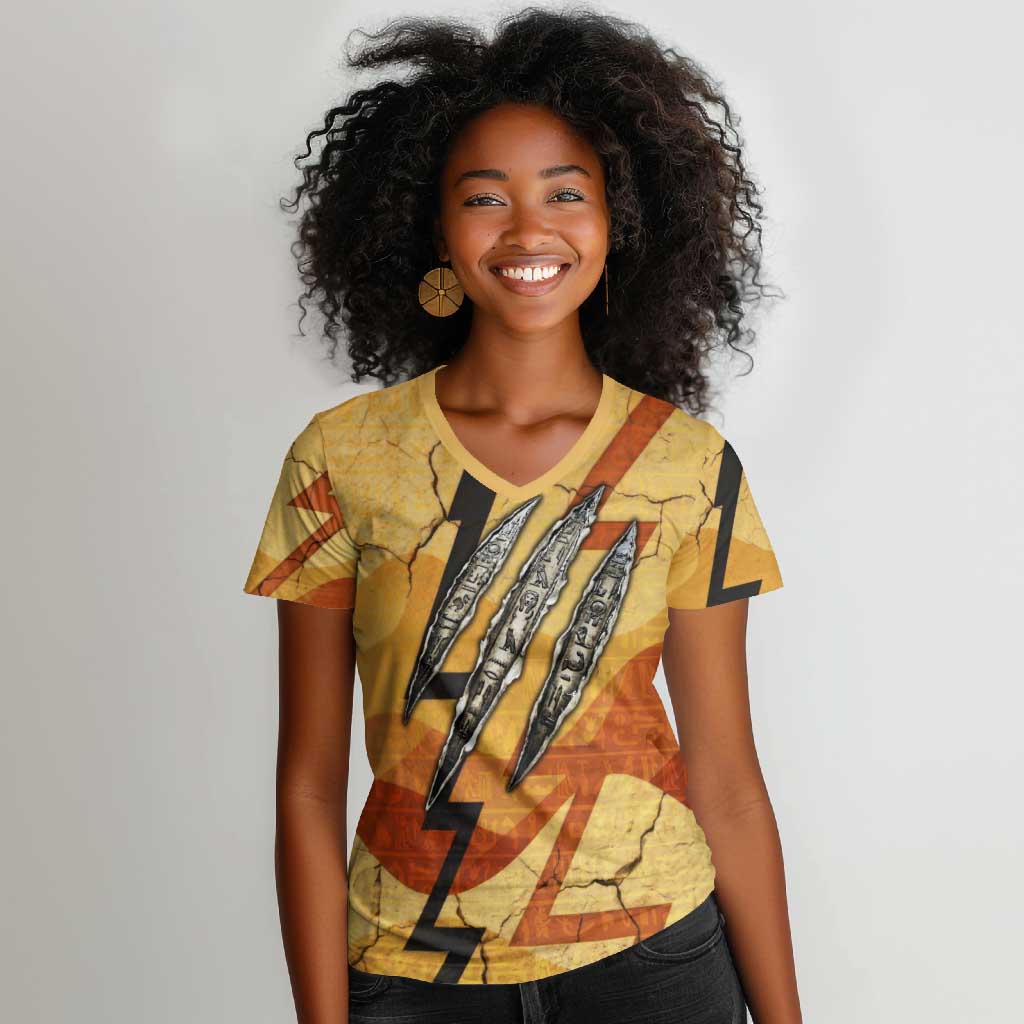 Pakhet Lion Head Women V-Neck T-Shirt with Claw Marks in Fiery Ancient Egyptian Motif