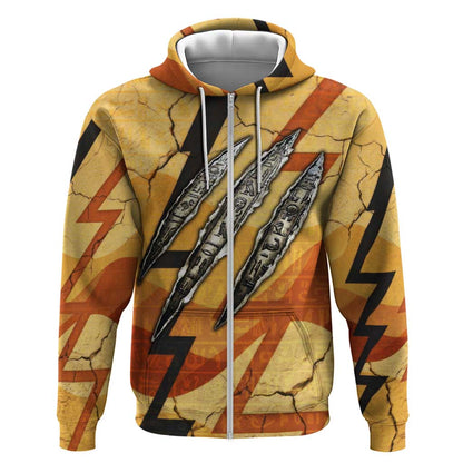 Pakhet Lion Head Zip Hoodie with Claw Marks in Fiery Ancient Egyptian Motif