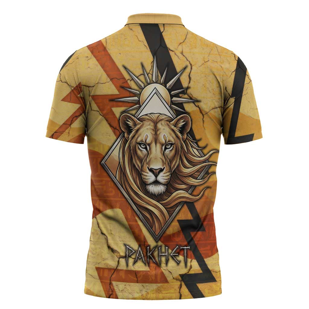 Pakhet Lion Head Zipper Polo Shirt with Claw Marks in Fiery Ancient Egyptian Motif