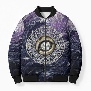 Pakhet Panther Bomber Puffer Jacket with Cosmic Feline Eye on Starry Night River