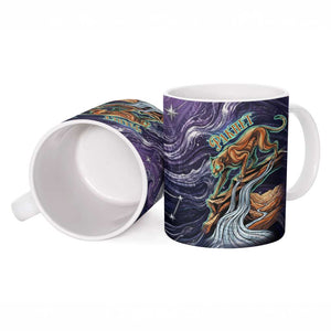 Pakhet Panther Ceramic Mug with Cosmic Feline Eye on Starry Night River