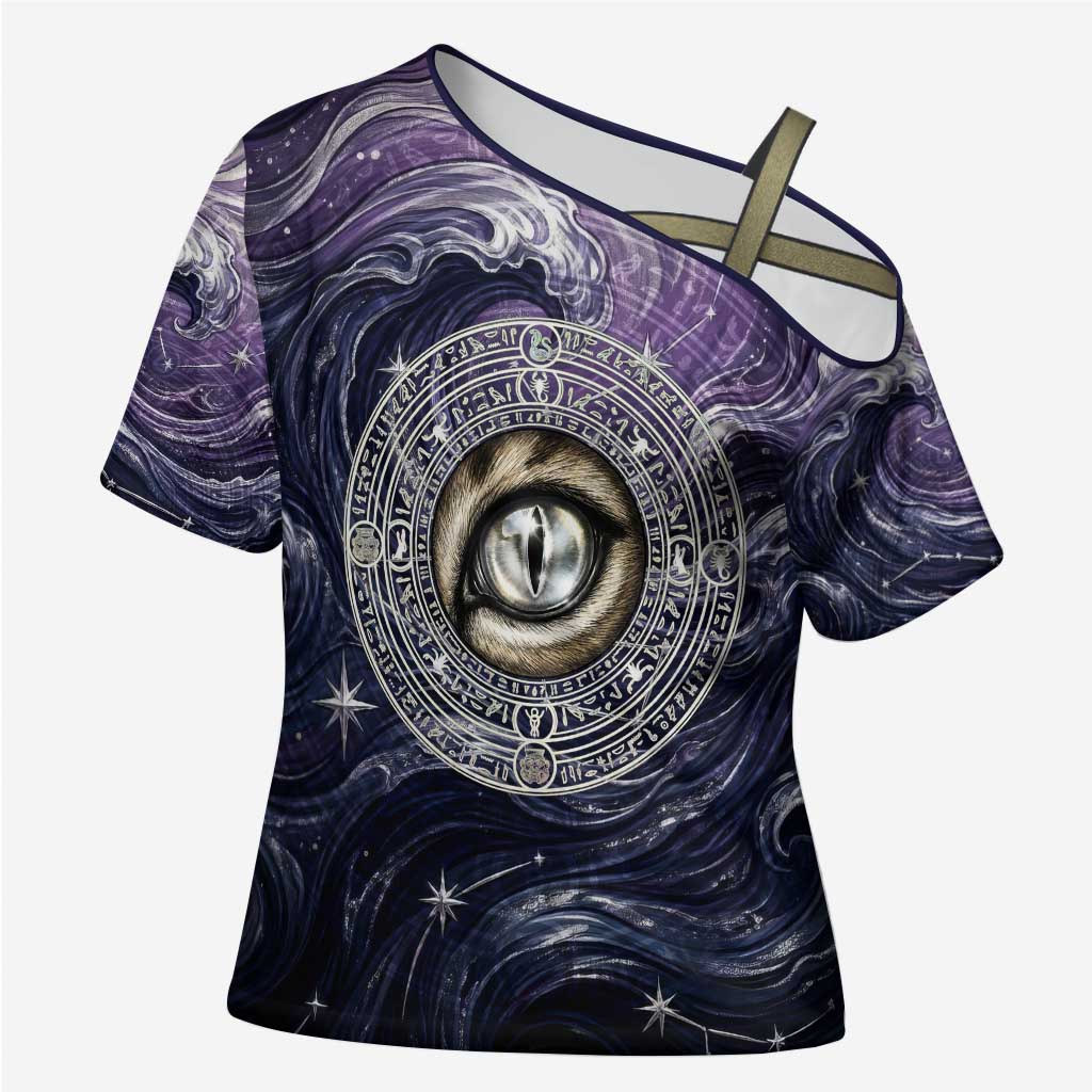 Pakhet Panther Cross Shoulder Shirt with Cosmic Feline Eye on Starry Night River