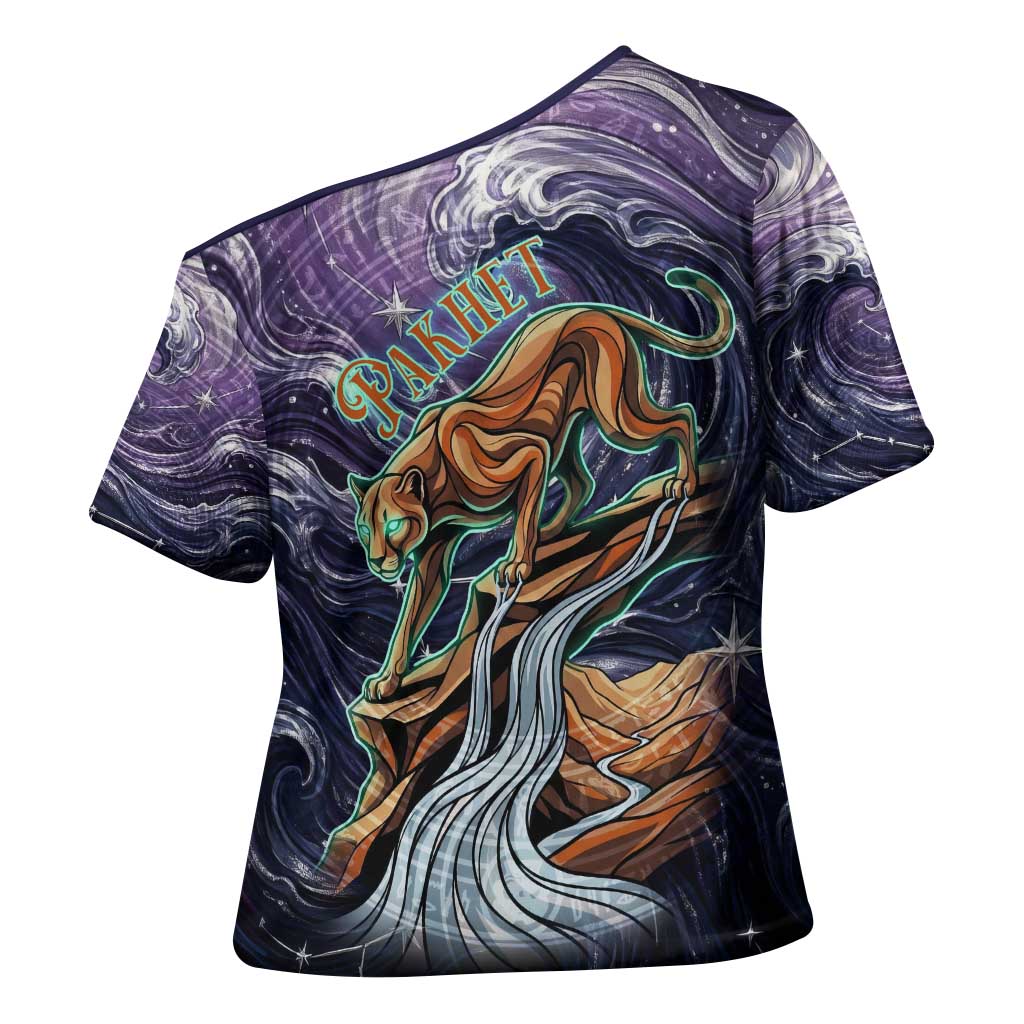 Pakhet Panther Cross Shoulder Shirt with Cosmic Feline Eye on Starry Night River