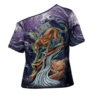 Pakhet Panther Cross Shoulder Shirt with Cosmic Feline Eye on Starry Night River