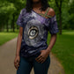 Pakhet Panther Cross Shoulder Shirt with Cosmic Feline Eye on Starry Night River
