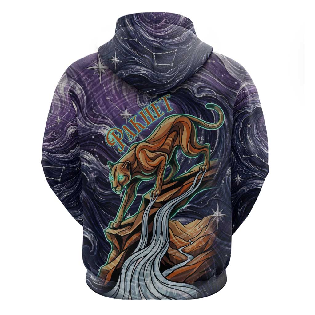 Pakhet Panther Hoodie with Cosmic Feline Eye on Starry Night River