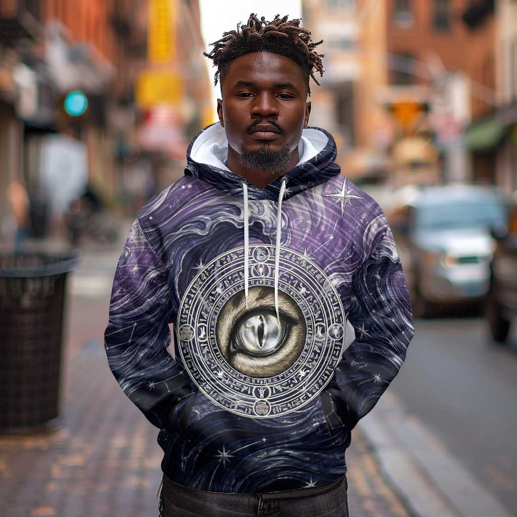 Pakhet Panther Hoodie with Cosmic Feline Eye on Starry Night River