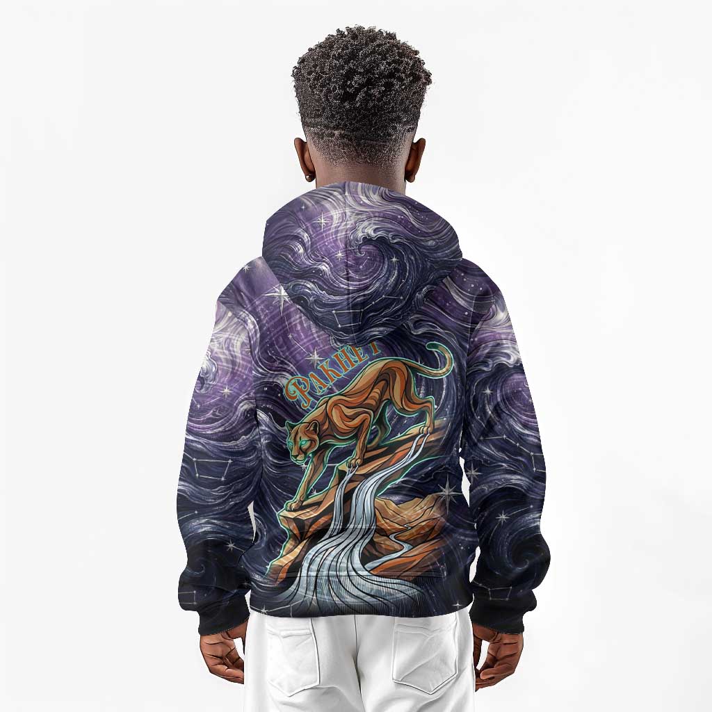 Pakhet Panther Kid Hoodie with Cosmic Feline Eye on Starry Night River