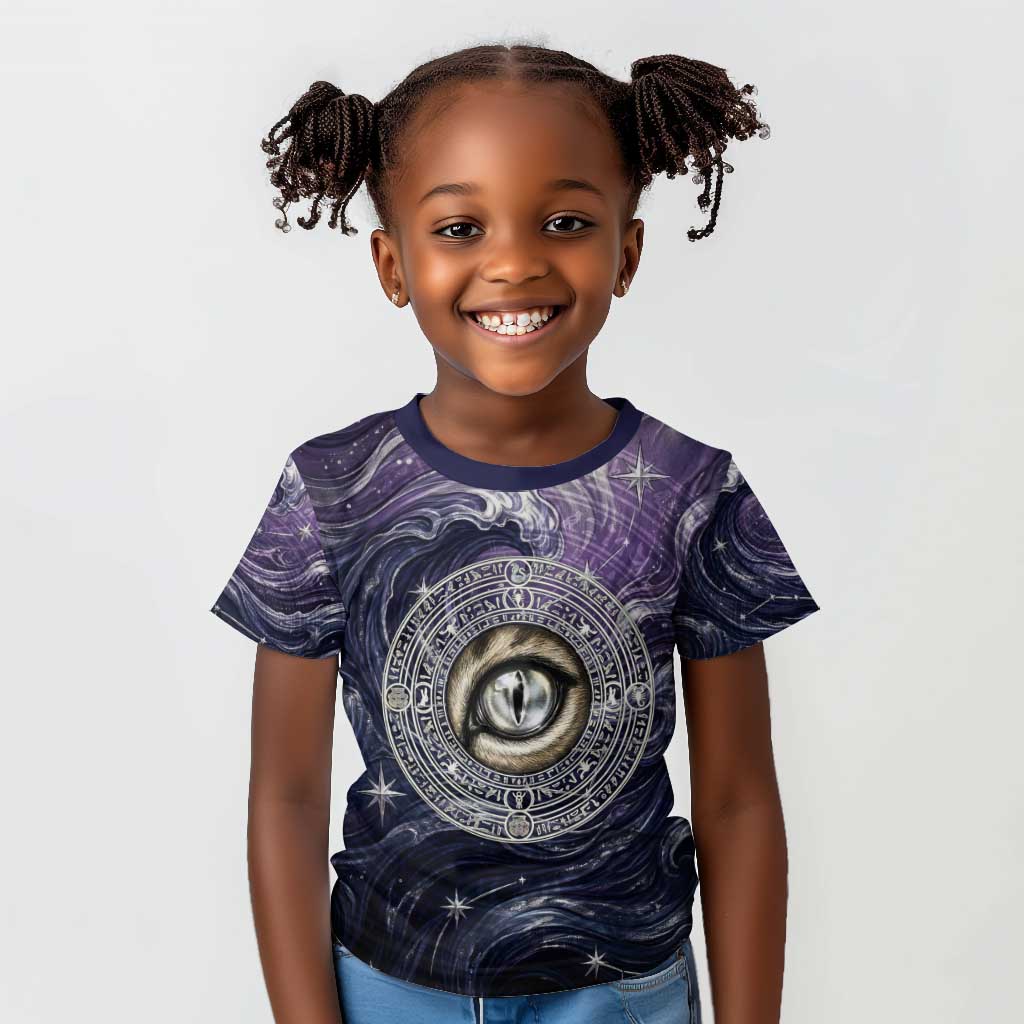 Pakhet Panther Kid T shirt with Cosmic Feline Eye on Starry Night River