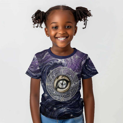 Pakhet Panther Kid T shirt with Cosmic Feline Eye on Starry Night River