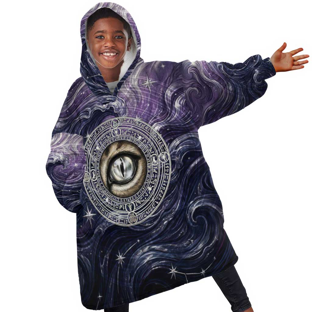 Pakhet Panther Kid Wearable Blanket Hoodie with Cosmic Feline Eye on Starry Night River