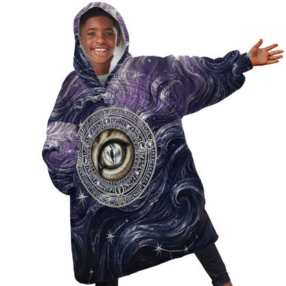 Pakhet Panther Kid Wearable Blanket Hoodie with Cosmic Feline Eye on Starry Night River