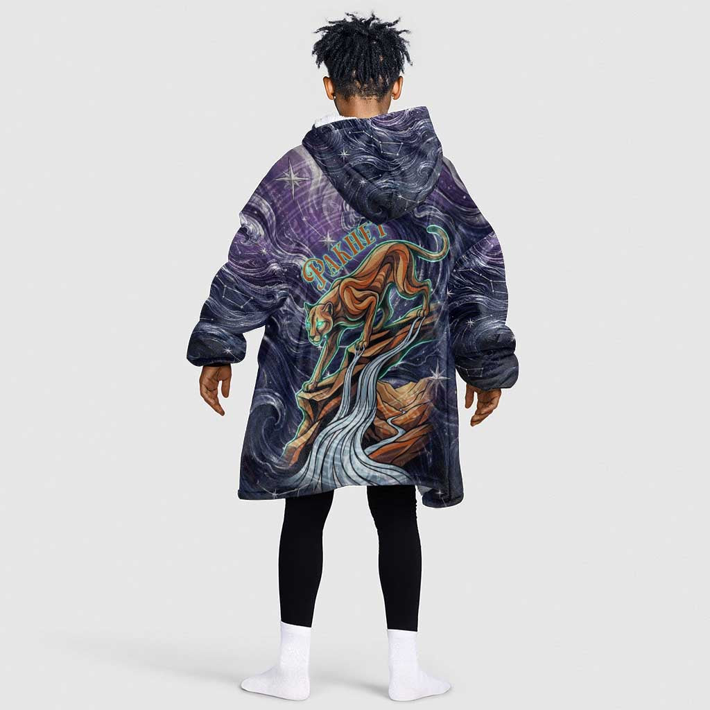 Pakhet Panther Kid Wearable Blanket Hoodie with Cosmic Feline Eye on Starry Night River
